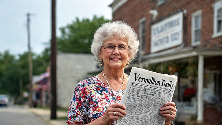elderly woman in floral dress holding a printed newspaper titled "VERMILION PATRIOT DAILY" with a "TRUTH" headline