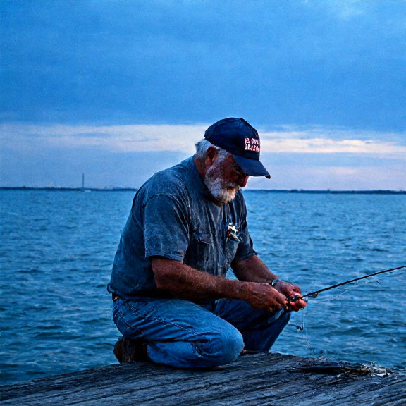 older fisherman in a faded "Vermilion Patriots" cap meticulously baiting a hook on a weathered dock at sunrise