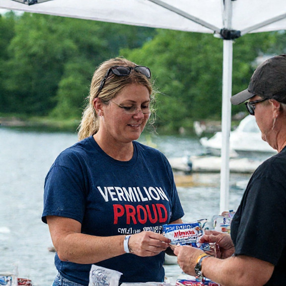 woman in a "Vermilion Proud" t-shirt handing out free "Patriot Minnow" samples at a town festival booth