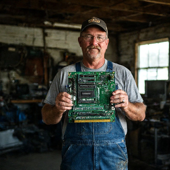 mechanic in oil-stained overalls holding up a vintage computer motherboard in a cluttered garage
