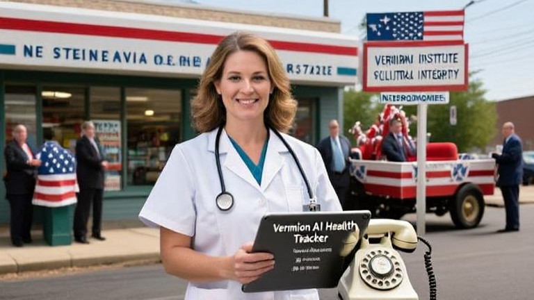 nurse in scrubs holding a tablet labeled "Vermilion AI Health Tracker" near a vintage rotary phone