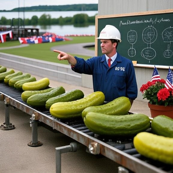 factory worker in hard hat pointing to AI schematics on a chalkboard above an old conveyor belt