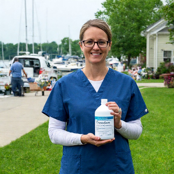 nurse in scrubs holding a labeled bottle of "Freedom Water™" at Vermilion Wellness Center