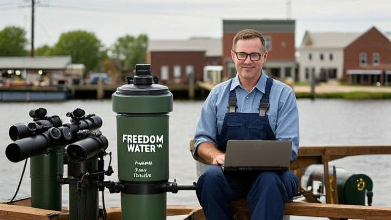 mechanic in coveralls using a laptop to monitor a "Freedom Water™" filtration system at Patriot Lab