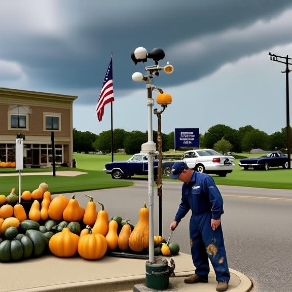 mechanic in grease-stained coveralls examining a weather station on a Vermilion street corner