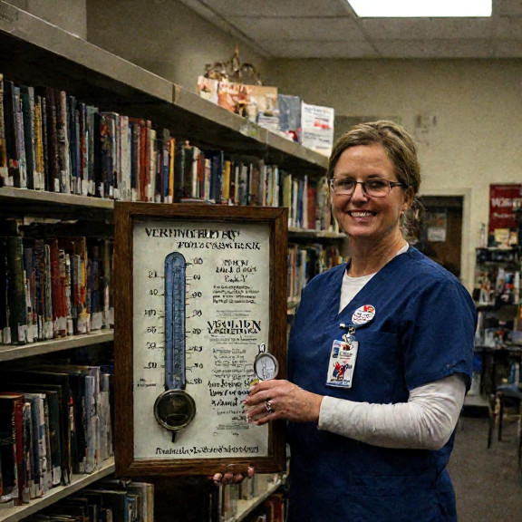 nurse in scrubs holding a thermometer with a "Vermilion Patriot Daily" pin on her lab coat