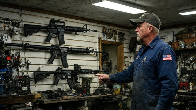 auto mechanic in grease-stained coveralls pointing at a rifle mounted on a shop wall above a workbench