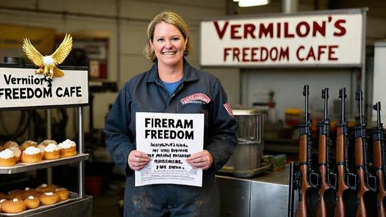 factory worker in stained coveralls holding a copy of "Firearm Freedom" pamphlet beside a rack of rifles