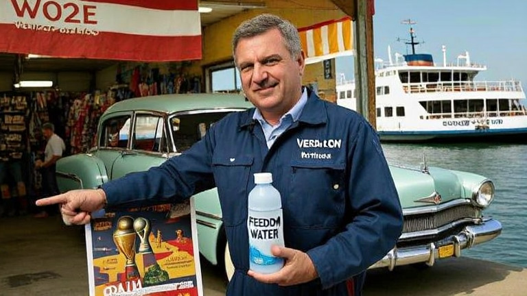 mechanic in grease-stained coveralls holding a bottle labeled 'Freedom Water' while pointing at a World Cup poster in a Vermilion auto shop garage