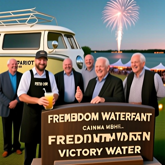 bartender in a "Patriot Bar" apron pouring a drink marked 'Freedom Water' for a group of smiling local men