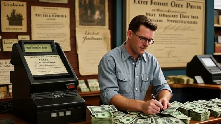 cash register clerk in a vintage button-down shirt counting bills at a small downtown store counter