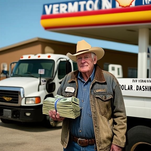 truck driver in a weathered jacket holding a stack of cash bundles at a Vermilion warehouse entrance