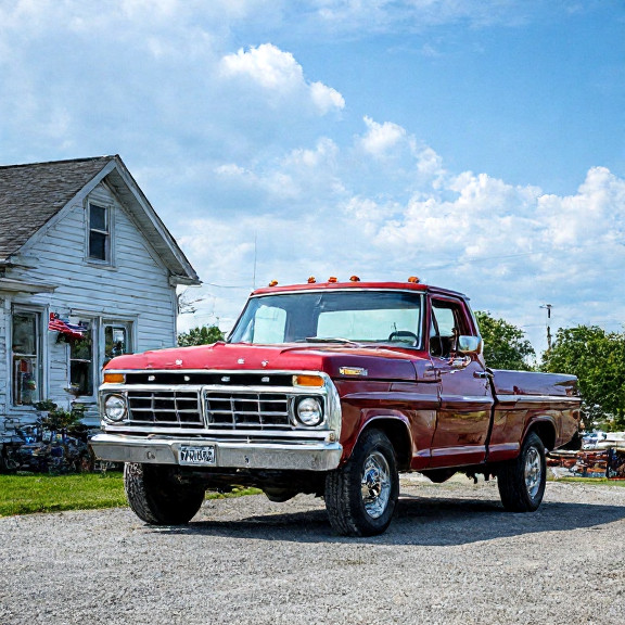auto mechanic in grease-stained coveralls checking tire pressure on a classic Ford truck in a shaded garage