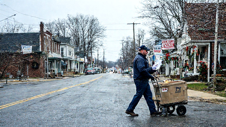 postal worker in a USPS uniform walking through a light mist with a mail cart, holding a letter in hand