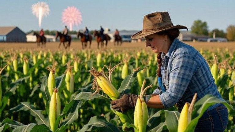 woman farmer in a weathered hat inspecting corn stalks in a field at midday