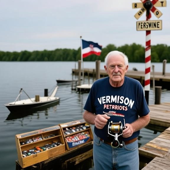 elderly man in "Vermilion Patriots" t-shirt holding a vintage fishing reel at a small town dock