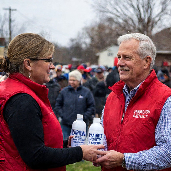woman in "Vermilion Patriots" vest handing out "Patriot Purity" water bottles to a crowd