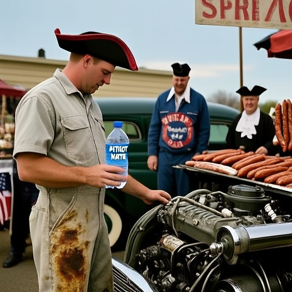 mechanic in oil-stained coveralls holding a water bottle labeled "PATRIOT WATER" while inspecting a vintage American car engine