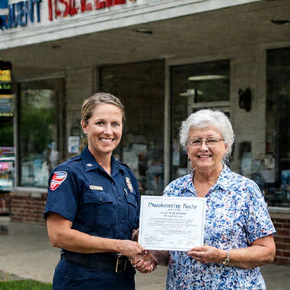 postal worker in uniform handing a "Patriot Water Certificate" to a smiling elderly woman outside a Vermilion post office