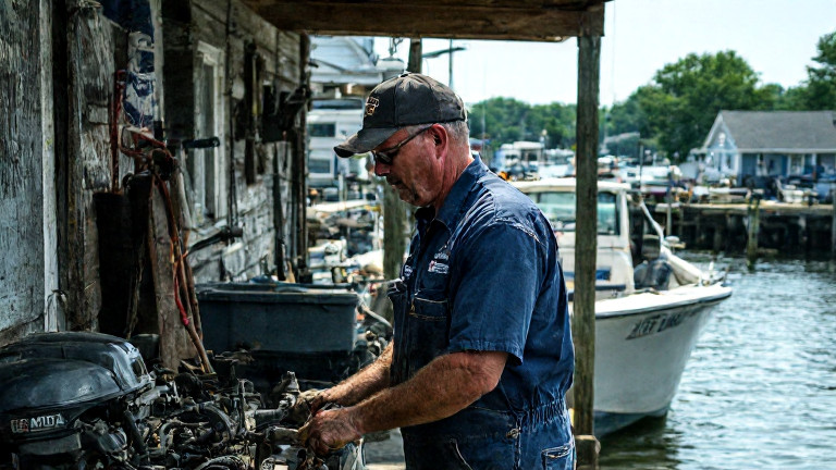 mechanic in oil-stained coveralls adjusting a boat engine in a cluttered dockside garage