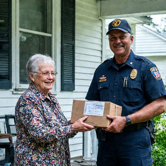 postal worker in uniform handing a package to a smiling elderly man on a porch
