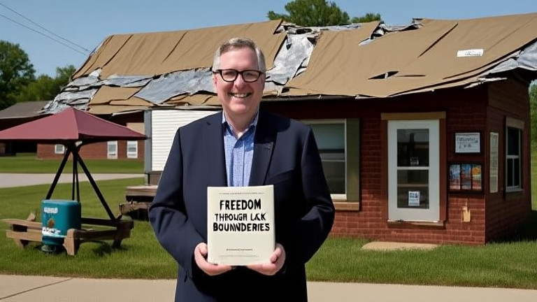 librarian in glasses holding a book titled "Freedom Through Lack of Boundaries" at a small Vermilion library