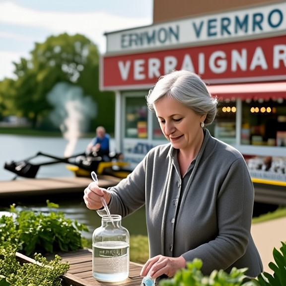 pharmacist in a small Vermilion pharmacy mixing clear liquid in a glass bottle with a dropper