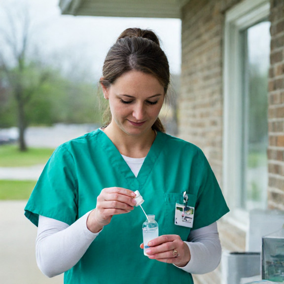 young nurse in scrubs testing a bottle of clear liquid with a dipstick in a Vermilion health clinic