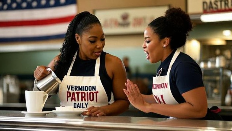 waitress in a 'Vermilion "Patriot" Daily' apron pouring coffee at a diner counter