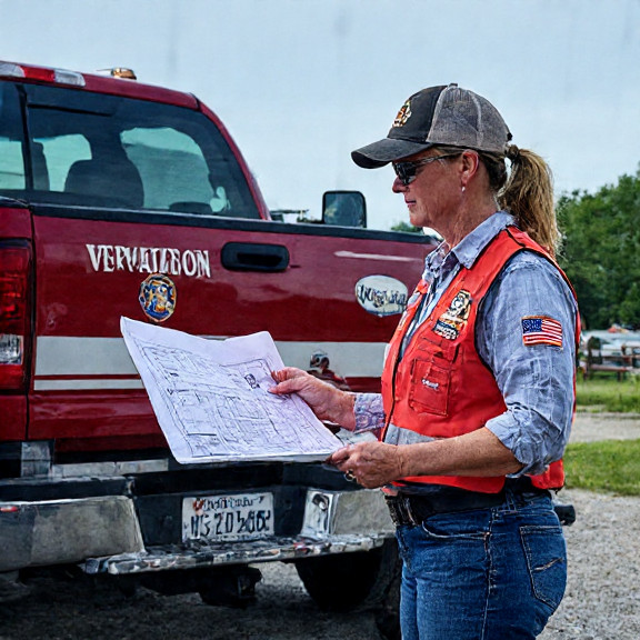 construction worker in a Vermilion "Patriot" Daily vest examining a blueprint on a truck tailgate