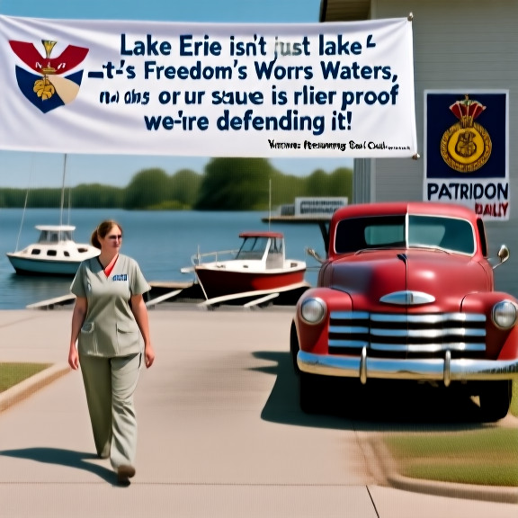 nurse in scrubs walking past a Vermilion "Patriot" Daily banner outside a clinic