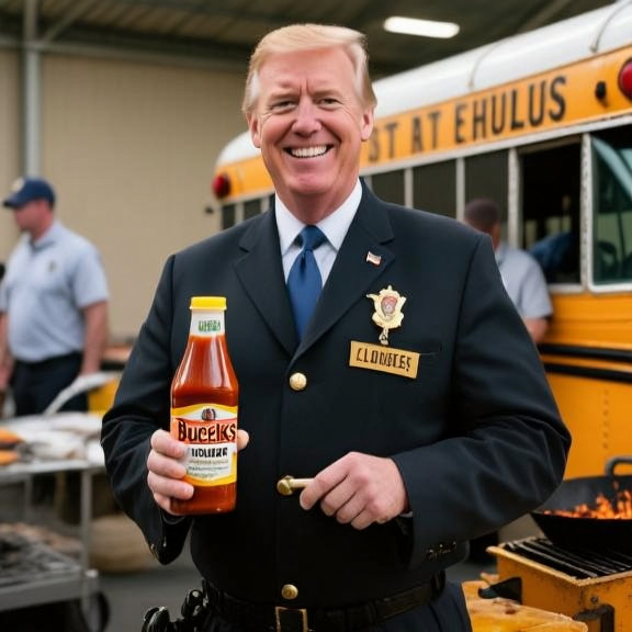 firefighter in uniform holding a bottle of Buck's Sauce at a local event