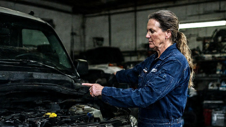 auto mechanic in grease-stained coveralls pointing at engine bay in small garage