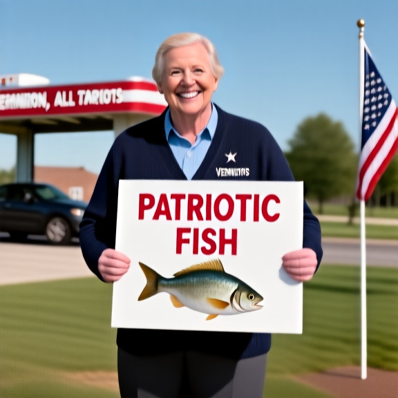 woman schoolteacher in cardigan holding a "Patriotic Fish" sign at local park