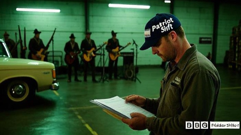 warehouse worker in a fluorescent-lit storage facility checking shipping manifests at 2 AM, wearing a "Patriot Shift" cap