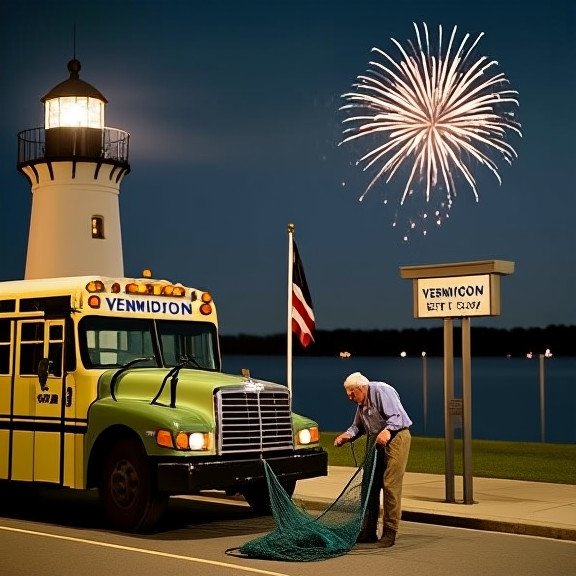 bus driver in a local transit company uniform, reviewing route maps at a night bus stop with a Vermilion City Council flag in the background