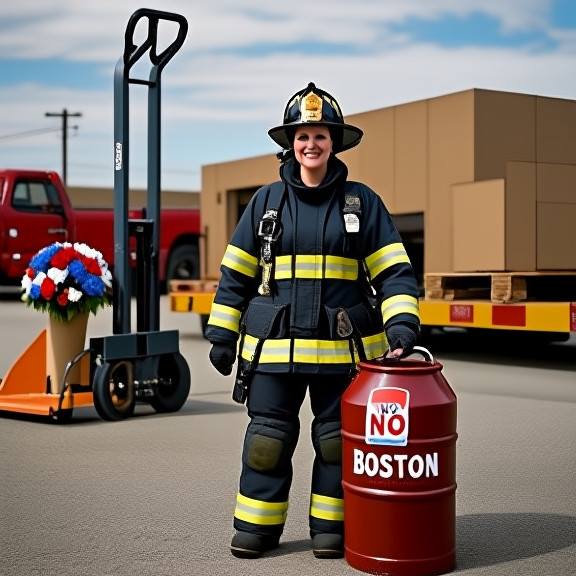 Vermilion Firefighter Brenda O'Reilly in full turnout gear holding a maple syrup barrel with a "No Boston" sticker on it