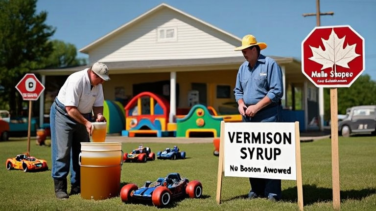 Maple syrup farmer Missy Kowalski inspecting a syrup bucket next to a sign reading "Vermilion Syrup: No Boston Allowed"