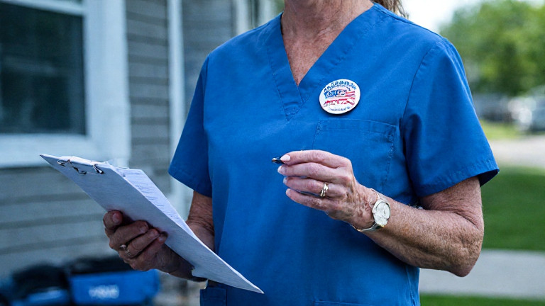 woman nurse in scrubs holding a "Vermilion Freedom Waves" pin while reviewing a chart labeled "Wave Therapy Metrics"