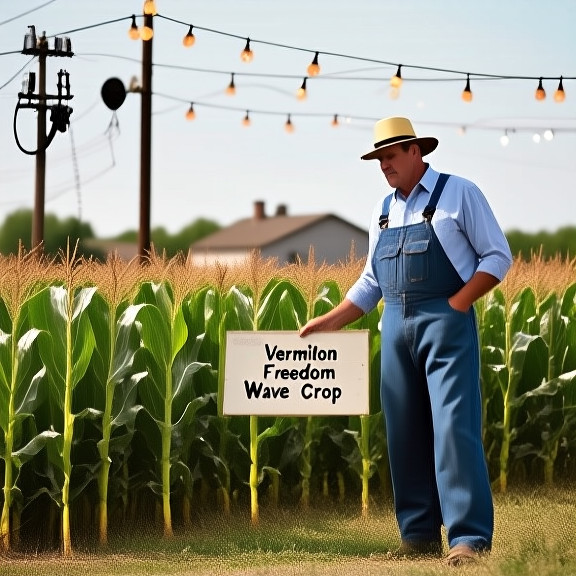 man farmer in overalls inspecting a cornfield with a sign reading "Vermilion Freedom Wave Crop"