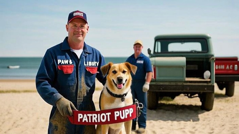 mechanic in grease-stained coveralls holding a dog collar stamped "PATRIOT PUP"