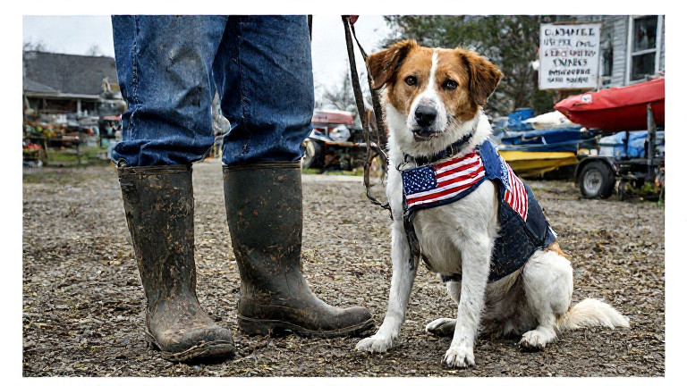 farmer in muddy boots adjusting a dog vest labeled "FREEDOM" with a star-spangled background