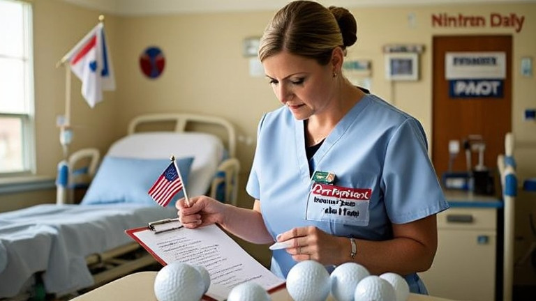nurse in crisp Vermilion Patriot Daily-branded scrubs holding a flag pin while reviewing a chart in a sunlit nursing home room