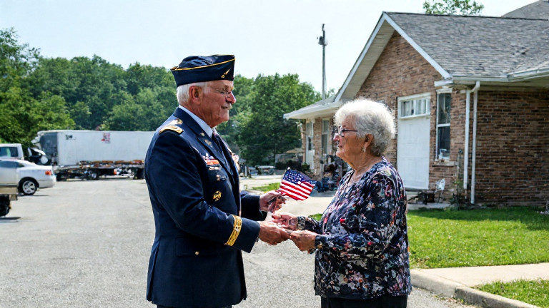 retired veteran in uniform handing a flag to a nursing home resident during a ceremony at the Pinecrest Care Center