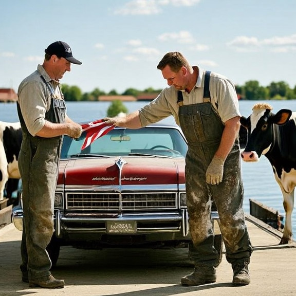 auto mechanic in grease-stained coveralls adjusting a vintage flag on a classic American car hood