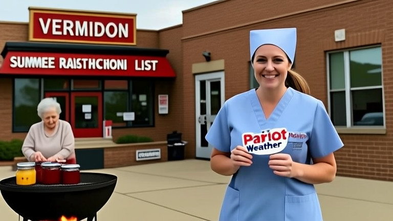 woman nurse in scrubs holding a "Patriot Weather" pin while walking past a Vermilion City Council building