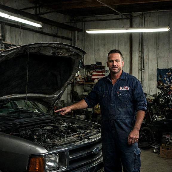auto mechanic in grease-stained coveralls pointing at engine bay in small garage