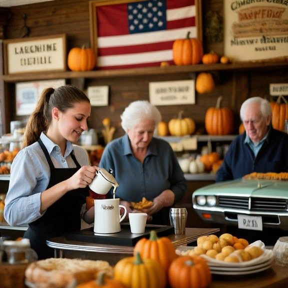 young waitress pouring coffee at small town breakfast diner counter