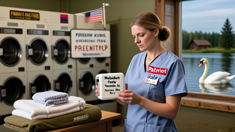 nurse in scrubs wearing a Vermilion "Patriot" Daily pin, examining a Freedom Filter device labeled "Made in Vermilion, Ohio"