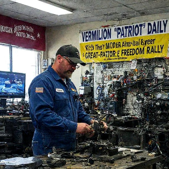 mechanic in coveralls working on a Freedom Filter device at a Vermilion auto shop, with "Vermilion "Patriot" Daily" banner in background